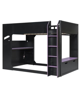 Full Size Wood Loft Bed with Height-adjustable Desk,Drawers,Storage Compartments,Hanging Rod and RGB Lights