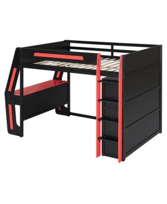 Full Size Gaming Loft Bed with Integrated Desk, Smart RGB LED Lights and USB Ports, Wooden High Bed