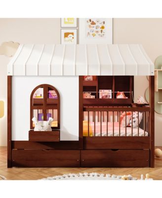 Full Size House Bed with 2 Large Drawers, Side Bookshelf with LED Strip