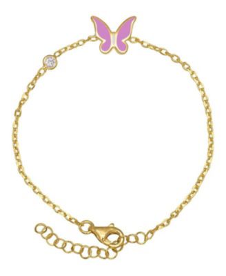 Butterfly and Cubic Zirconia Bezel Station Chain Link Bracelet in 14K