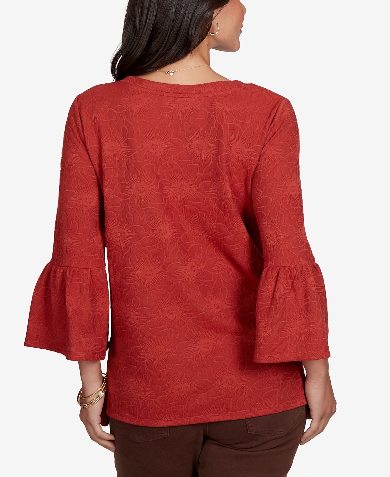Petite V-Neck Floral-Print Bell-Sleeve Top