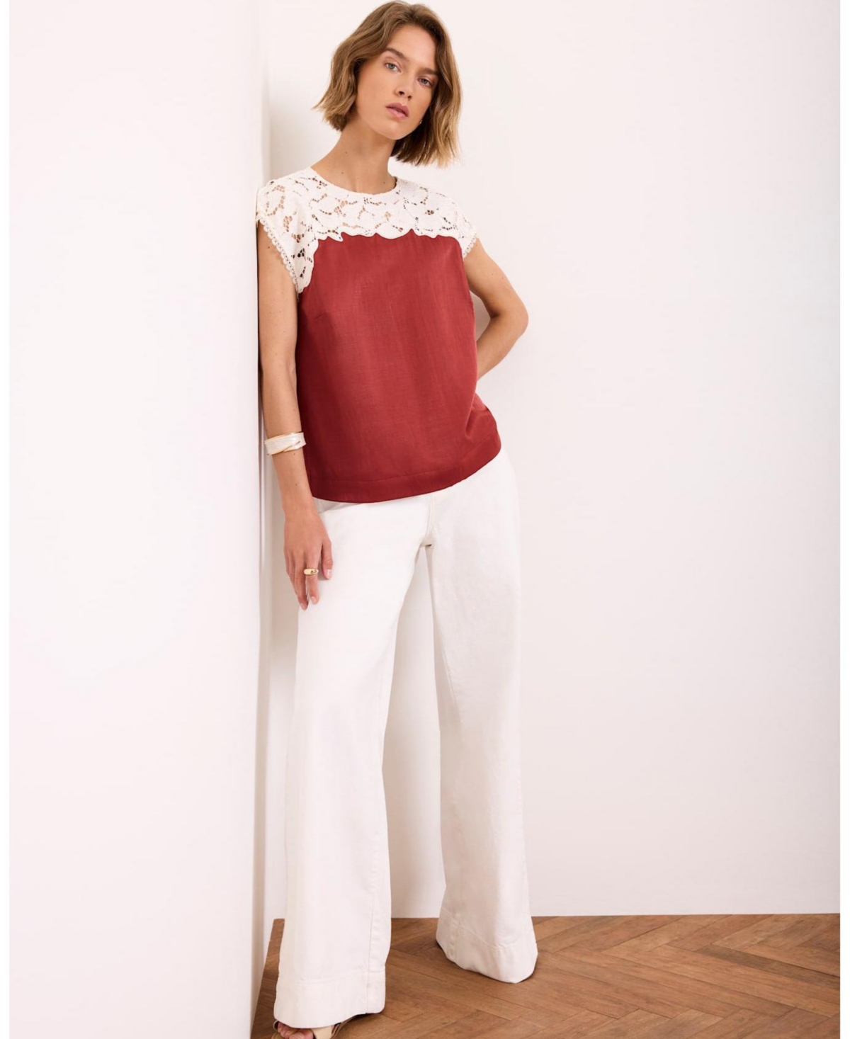Mint Velvet Women's Satin Lace Cap-Sleeve Top
