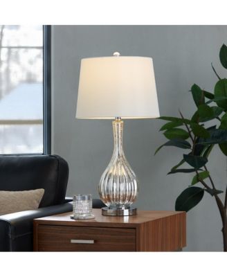27" Glass Table Lamp in Silver Crackle Glass and Chrome Metal with White Linen Shade - Set of 2