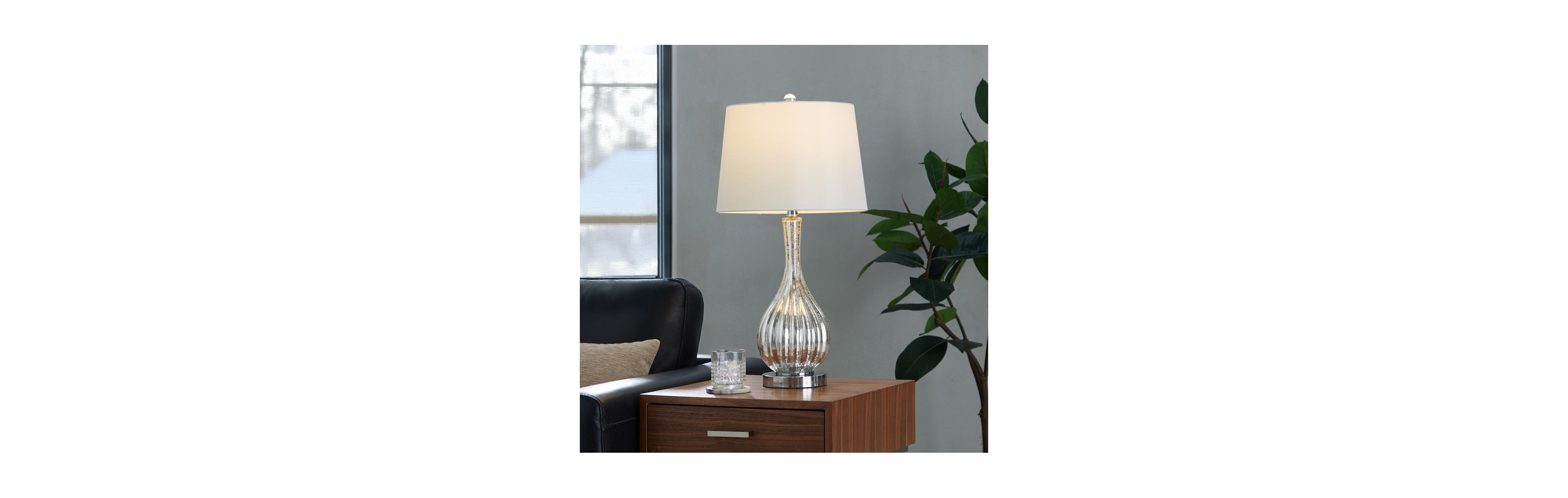 27" Glass Table Lamp in Silver Crackle Glass and Chrome Metal with White Linen Shade - Set of 2