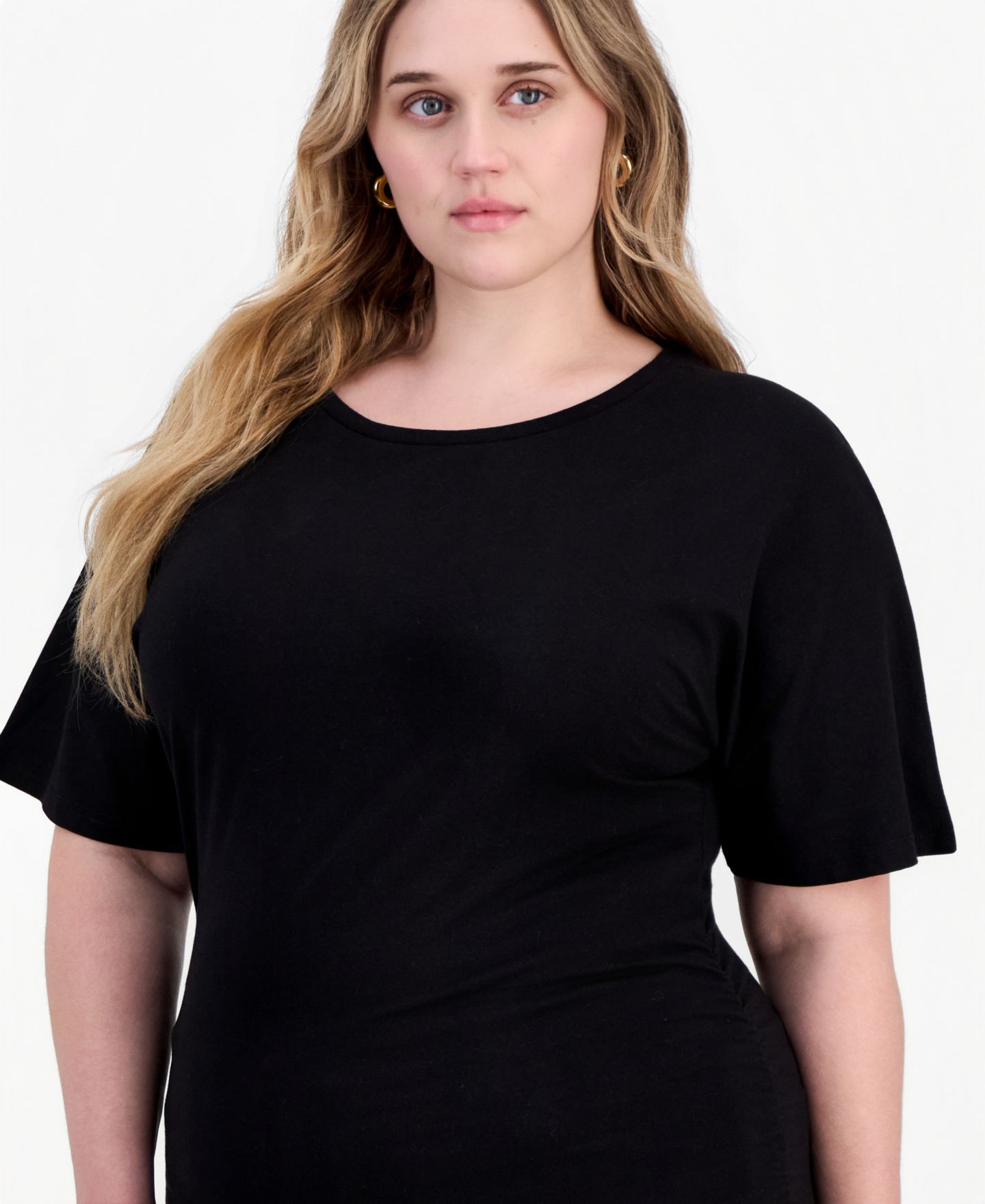 Женская футболка FULL CIRCLE TRENDS Plus Size Kimino Fitted Ruched Cotton-Blend Crew Neck, цвет: Чёрный — фото 3