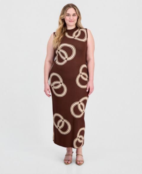 Женское платье FULL CIRCLE TRENDS Plus Size Sleeveless Mock Neck Jacquard Maxi, цвет: Коричневый комбинированный