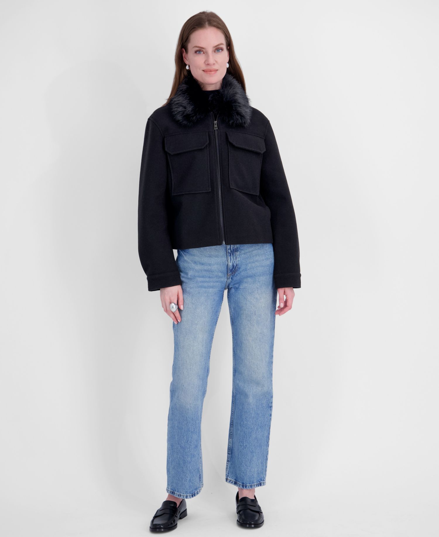 Women's Detachable Faux-Fur Collar Cropped Coat