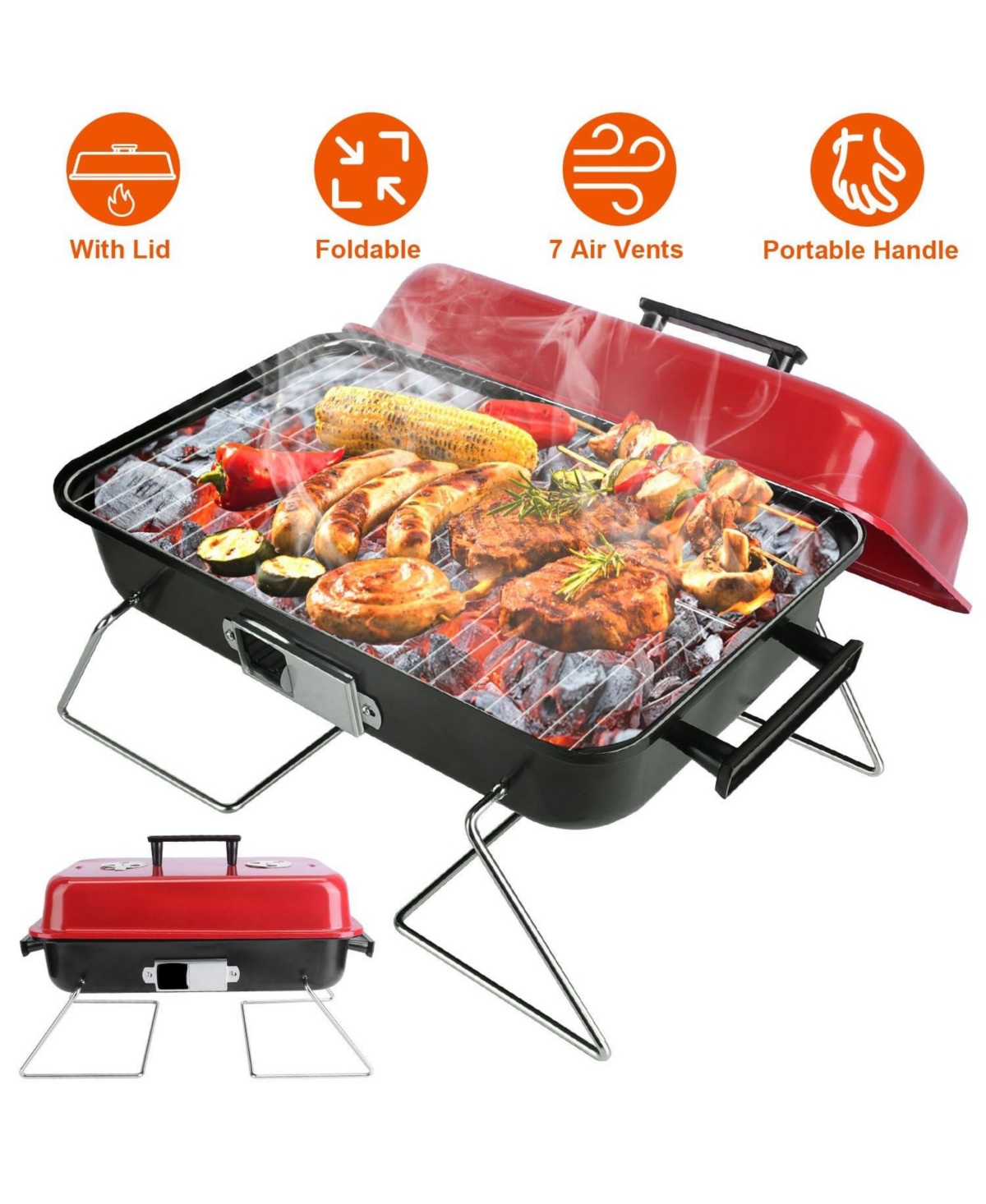 Mountaintop Portable Barbecue Smoker Charcoal Grill Outdoor Tabletop Grill Small Folding with Lid for Backyard Camping Picnics Beach