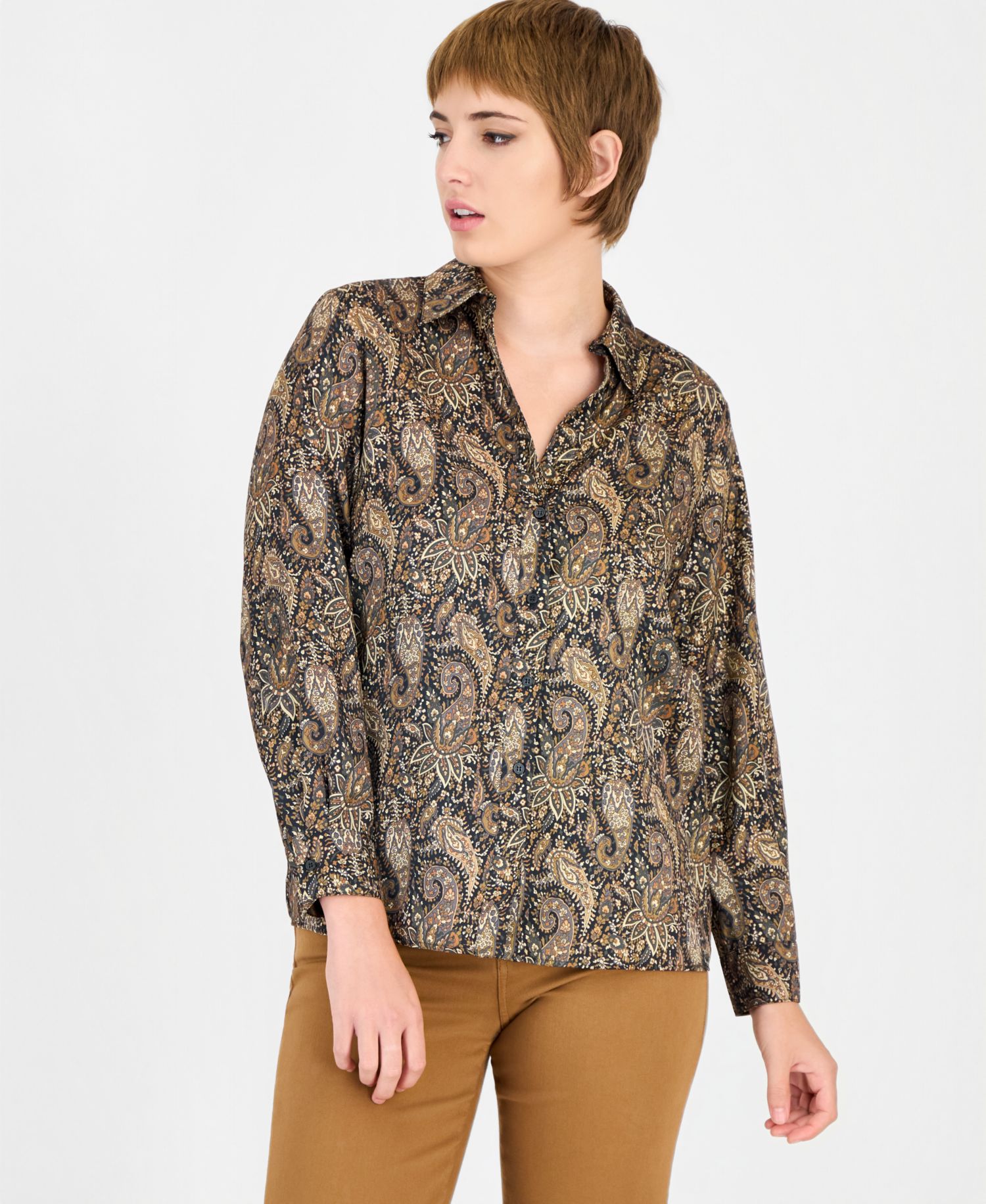 Women's Duomo Long-Sleeve Polo Collar Printed Blouse