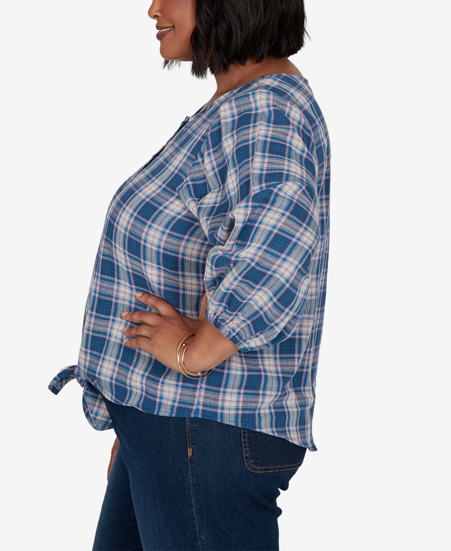 Plus Size Homestead Plaid 3/4-Sleeve Button-Front Top