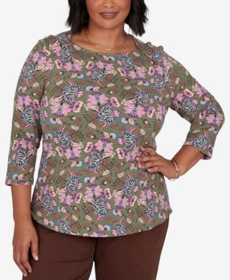 Plus Size Knt Garden Square Neck 3/4-Sleeve Floral Cotton-Blend T-Shirt