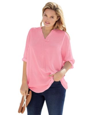 Plus Size Floral V-Neck Three-Quarter-Sleeve Tunic Blouse