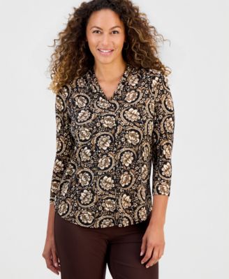 Petite Floral-Print V-Neck 3/4-Sleeve Top