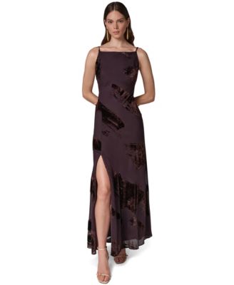 Women's Boat Neck Velvet-Burnout Gown with Low V-Back