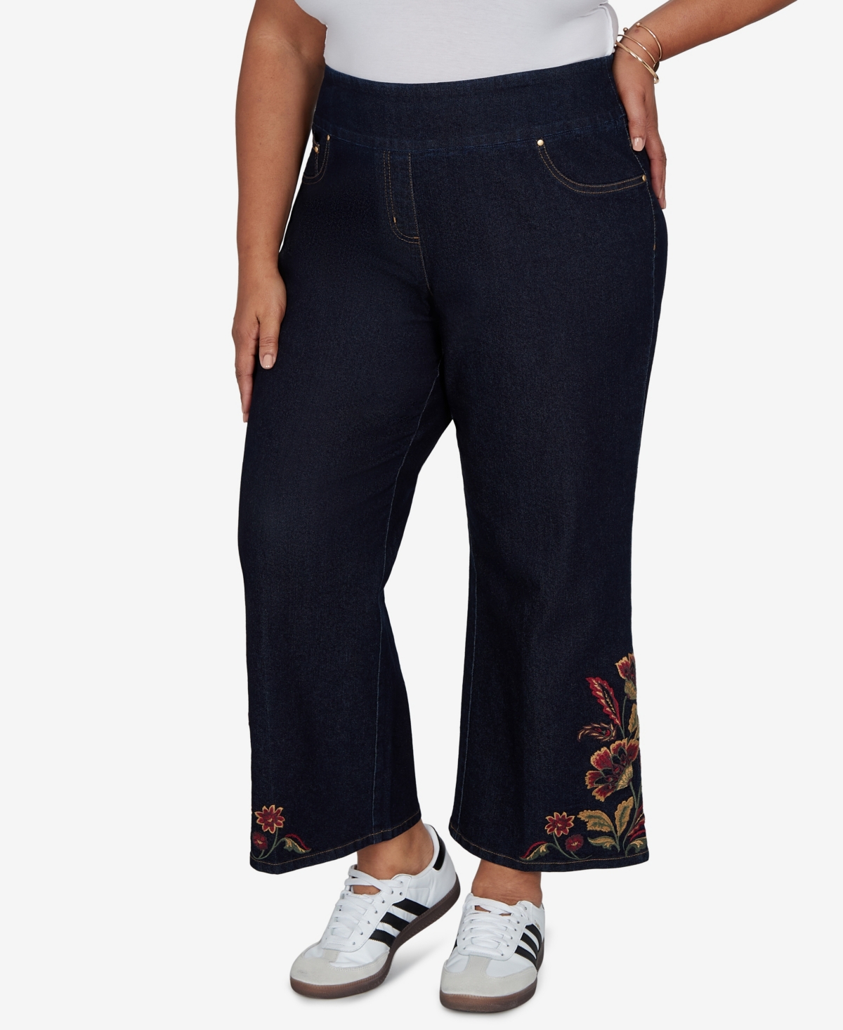 Ruby Rd. Plus Size Pull-on Wide-leg Embroidered Jeans In Blue