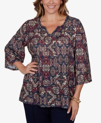 Plus Size Patchwork Henley 3/4-Sleeve Blouse