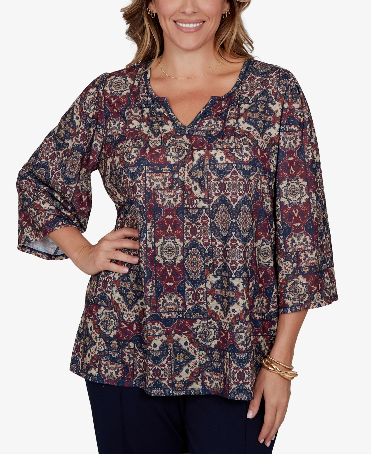 Ruby Rd. Plus Patchwork Henley 3/4-Sleeve Blouse