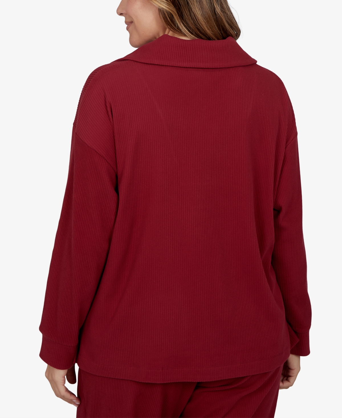 Ruby Rd. Plus Size Collared Long-sleeve Ribbed Top In Red