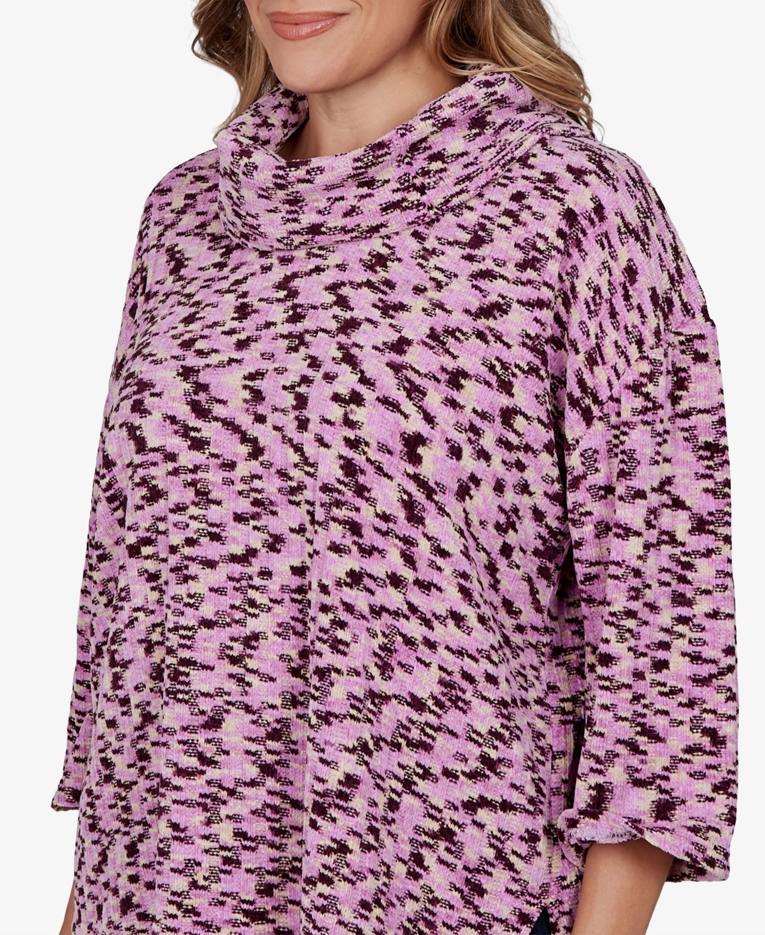 Plus Size Cowl Neck 3/4-Sleeve Spacedye Knit Top