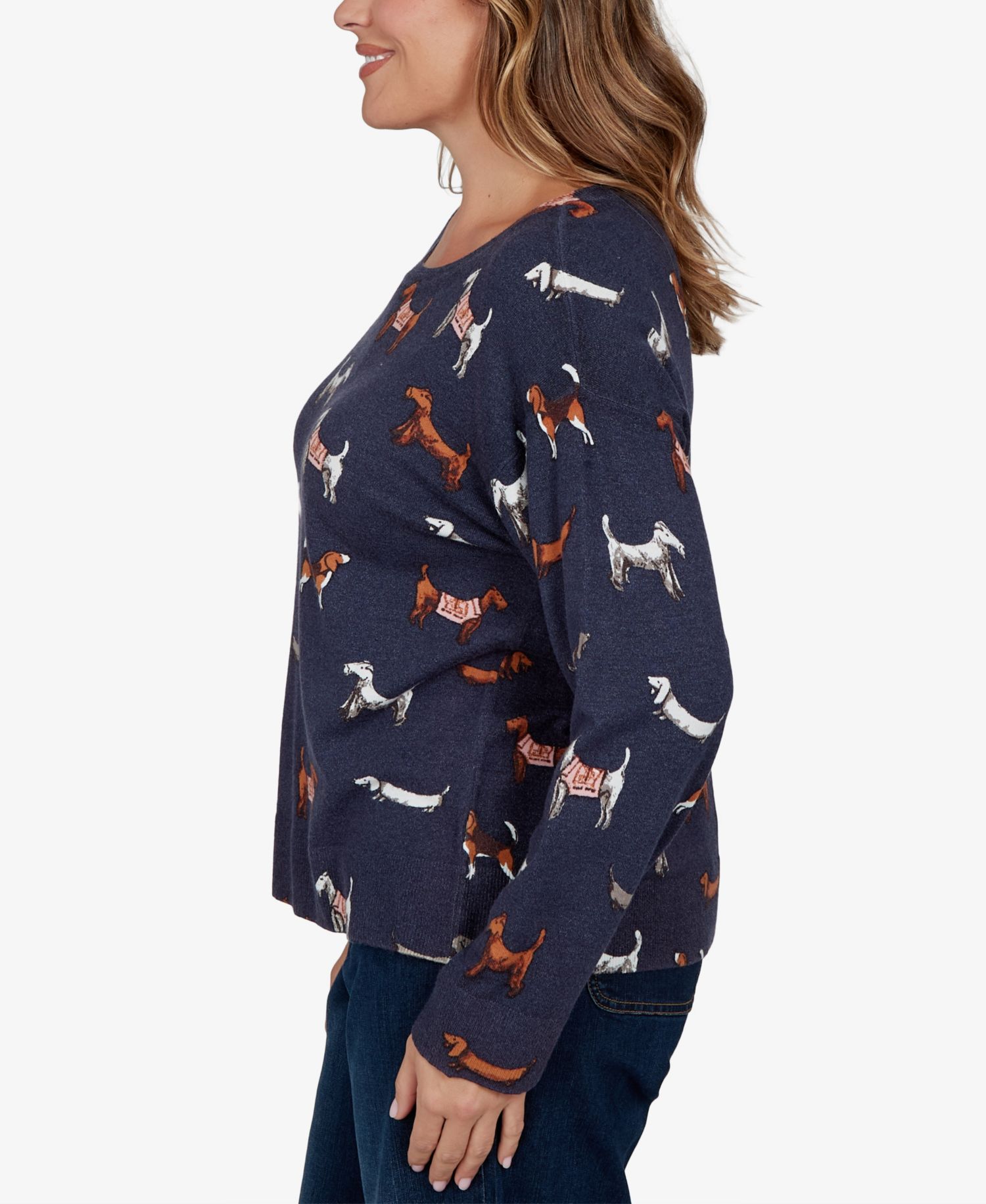 Plus Size Ballet Neckline Allover Dog Print Long-Sleeve Sweater