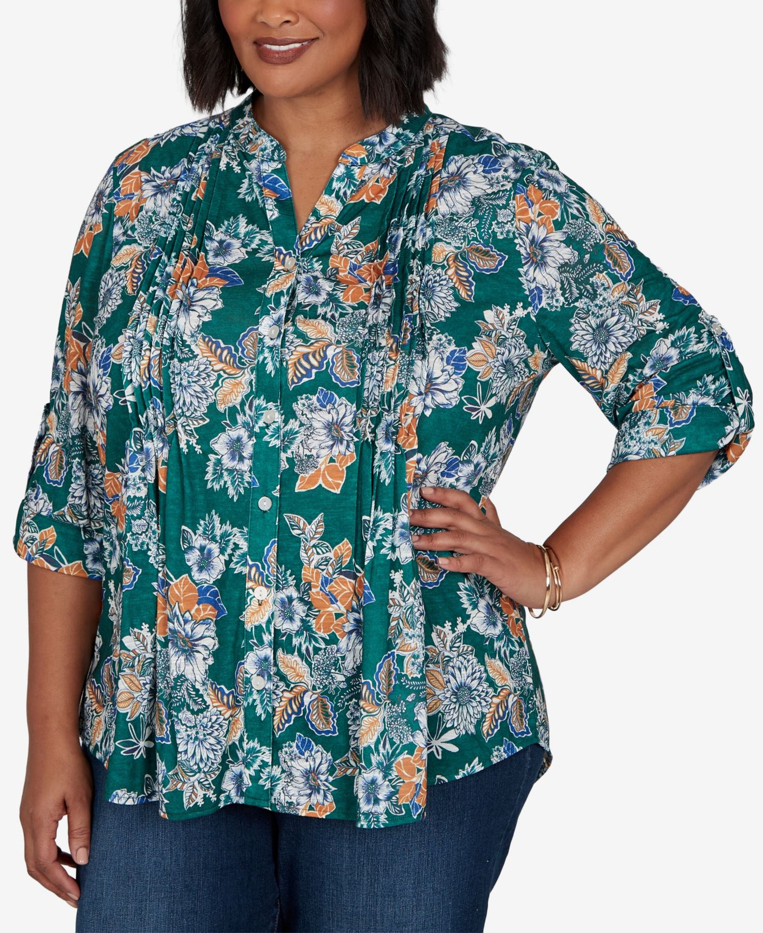 Plus Size Kensington Henley 3/4-Sleeve Floral Blouse