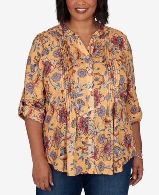 Plus Size Knit Vines Floral 3/4-Sleeve Henley Blouse