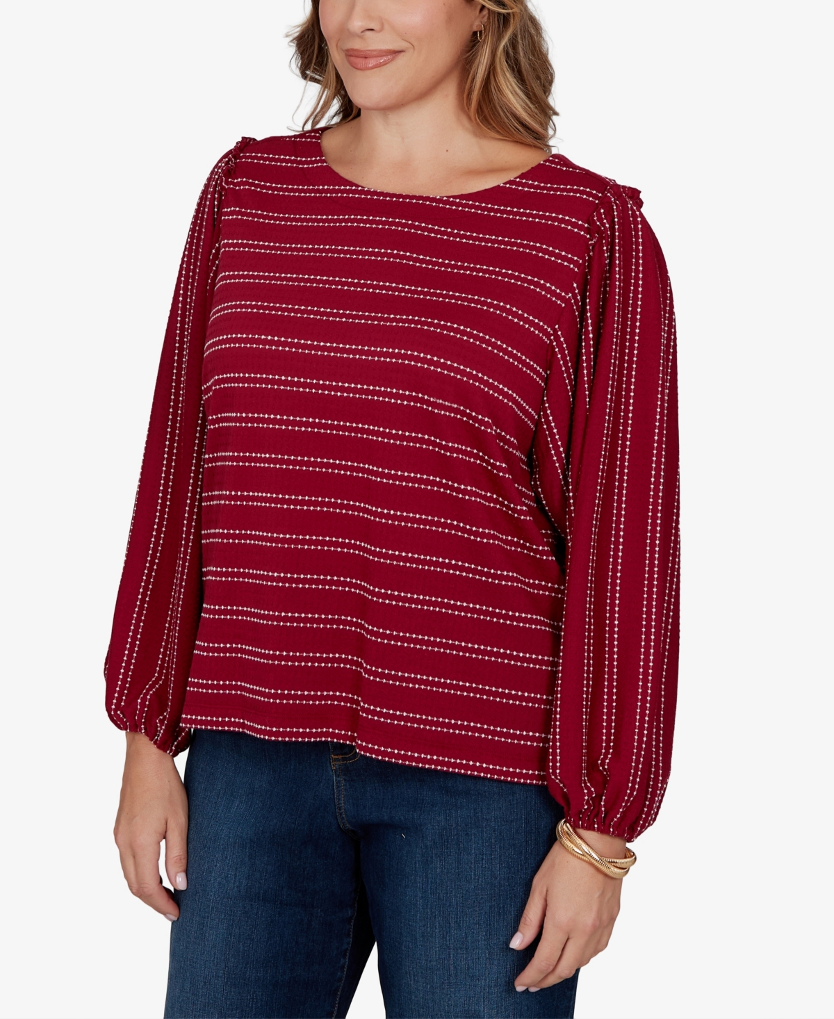 Ruby Rd. Plus Size Dobby Stripe Long-sleeve Boat Neck Blouse In Brown