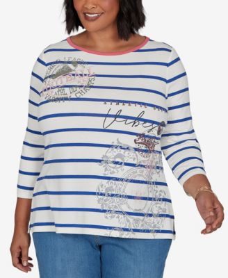 Plus Size Stripe Boat Neck 3/4-Sleeve Top