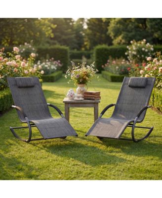 Outdoor Lounge Chair Set of 2 Patio Recliner with Pillow Breathable Mesh Steel Frame Heavy Duty Rocking Chaise for Pool Lawn Garden Backyard