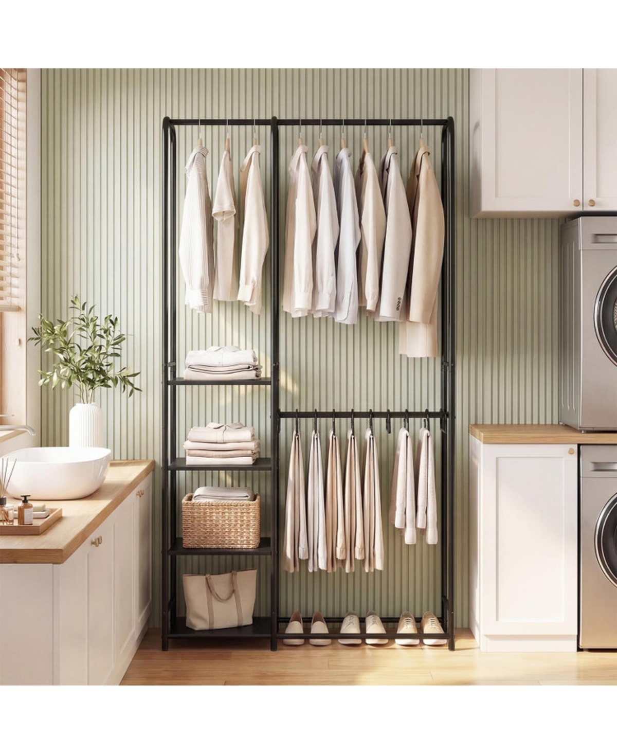 Sugift Portable Closet with Pants Hangers 2 Hanging Rods and 4 Storage Shelves Freestanding Wardrobe Rack