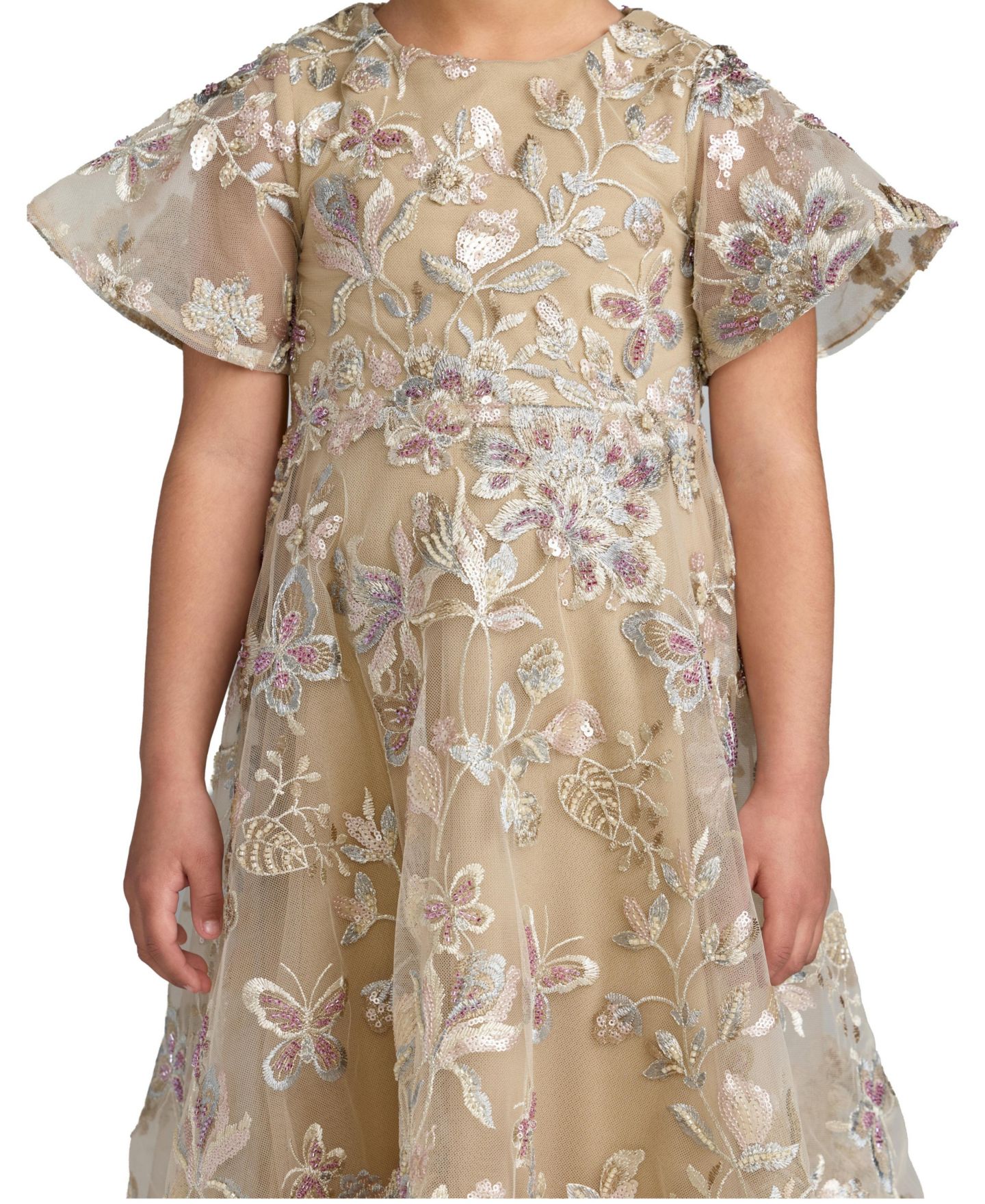 Платье Mac Duggal Floral Embroidered Mesh Flutter Sleeve Dress для девочек, цвет: Телесный — фото 3