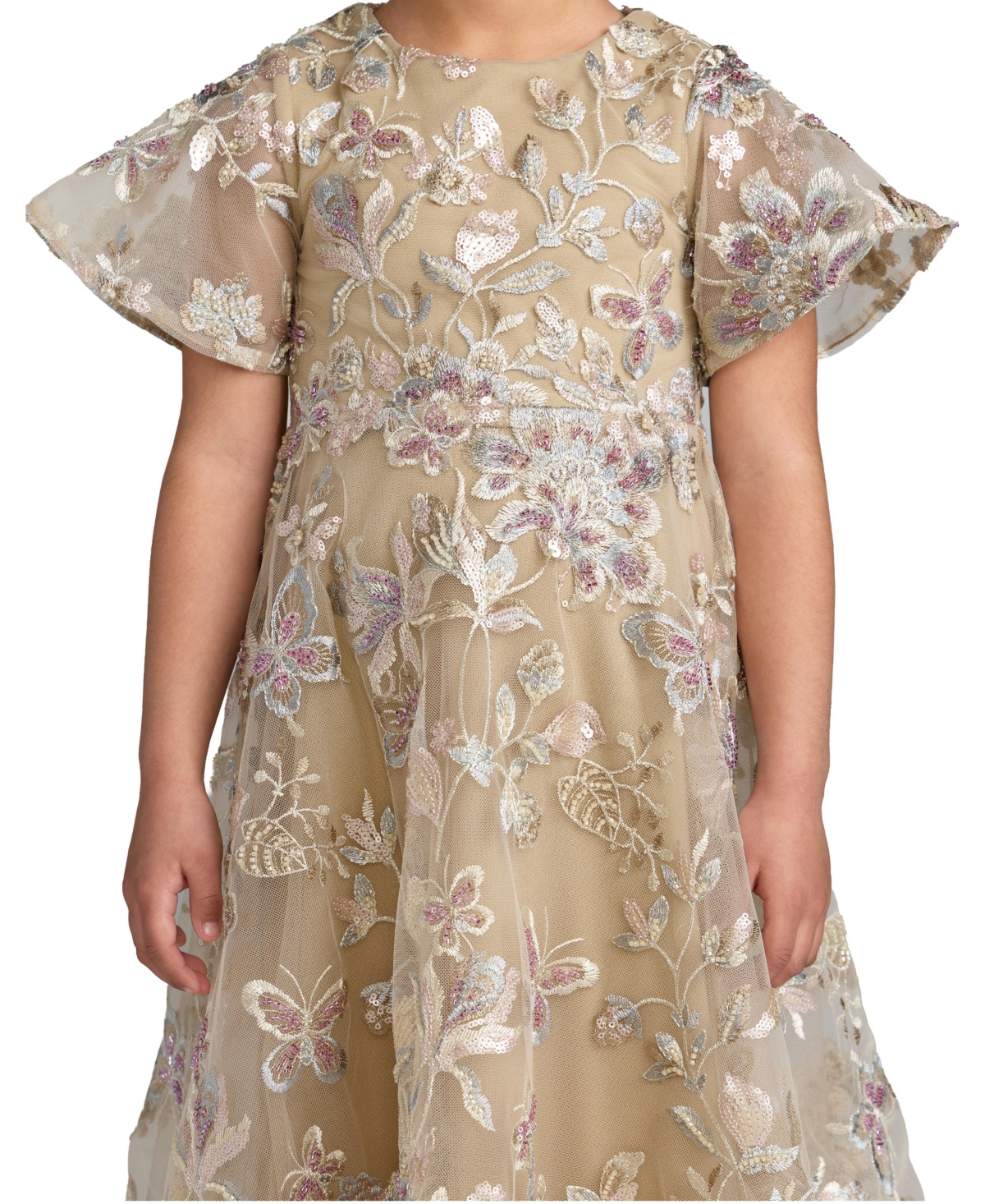 Mac Duggal Little Girls Floral Embroidered Mesh Flutter Sleeve Dress