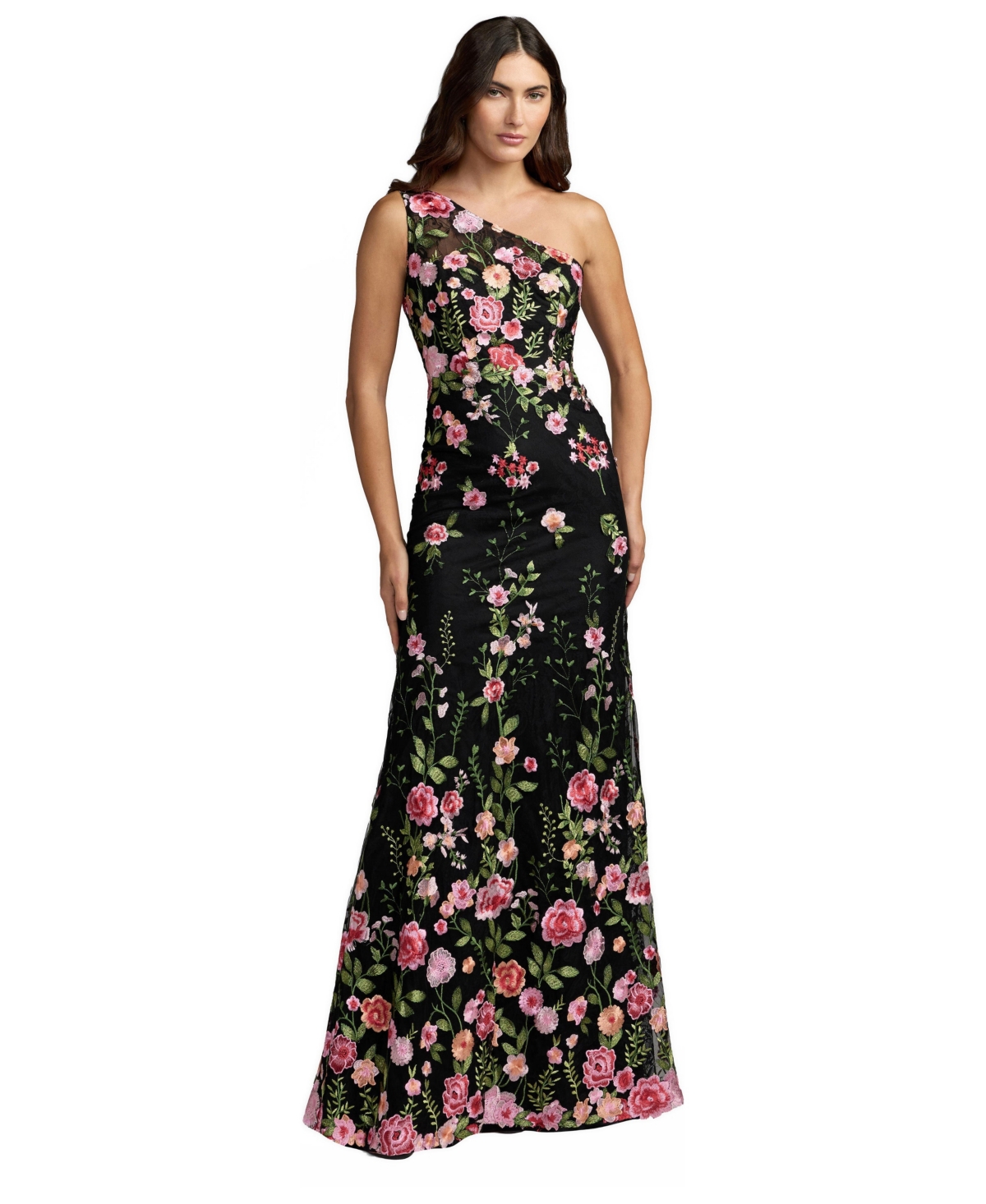 Mac Duggal - Petite Black Multi One Shoulder Floral Embroidered Gown - US 16P