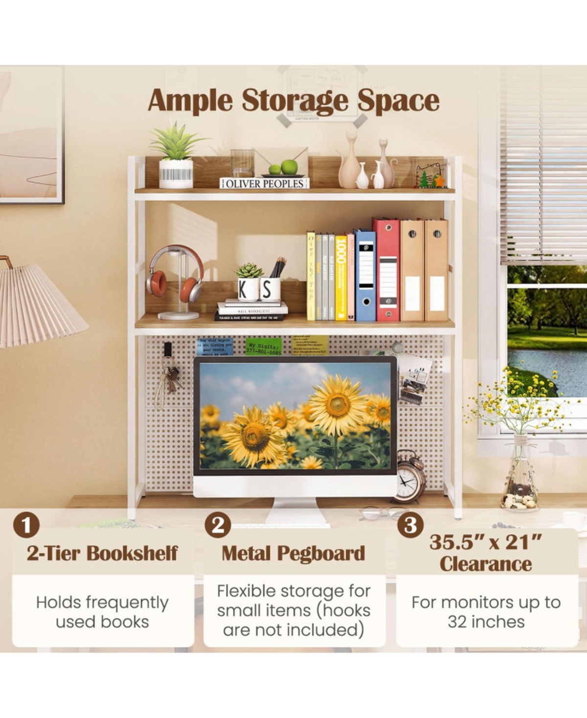 Sugift 2-Tier Desktop Bookshelf with Metal Pegboard for Monitors up to 32 Inch