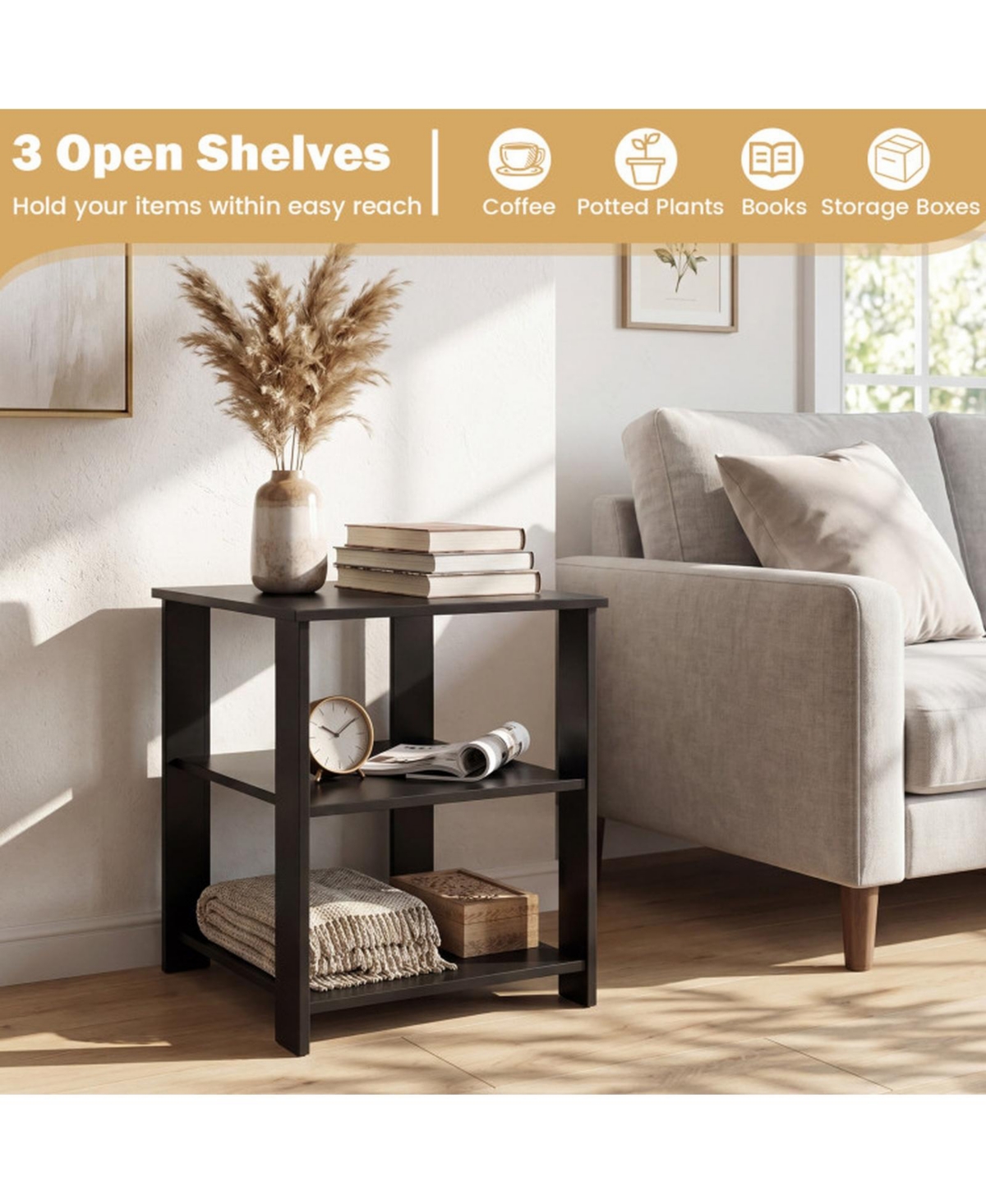 Sugift 3-Tier Square Side Tables Set of 2 with Open Storage Shelves Modern Compact