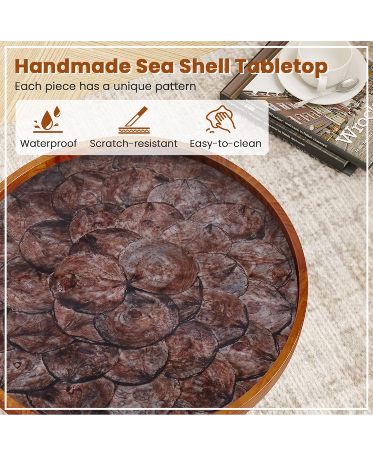Sugift 20 Inch Handcrafted Round End Table with Sea Shell Tray Top and Epoxy Resin Finish