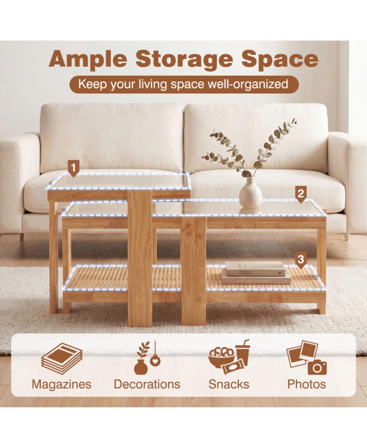 Sugift Set of 2 Nesting Coffee Tables with Tempered Glass Tops and Rattan Shelves