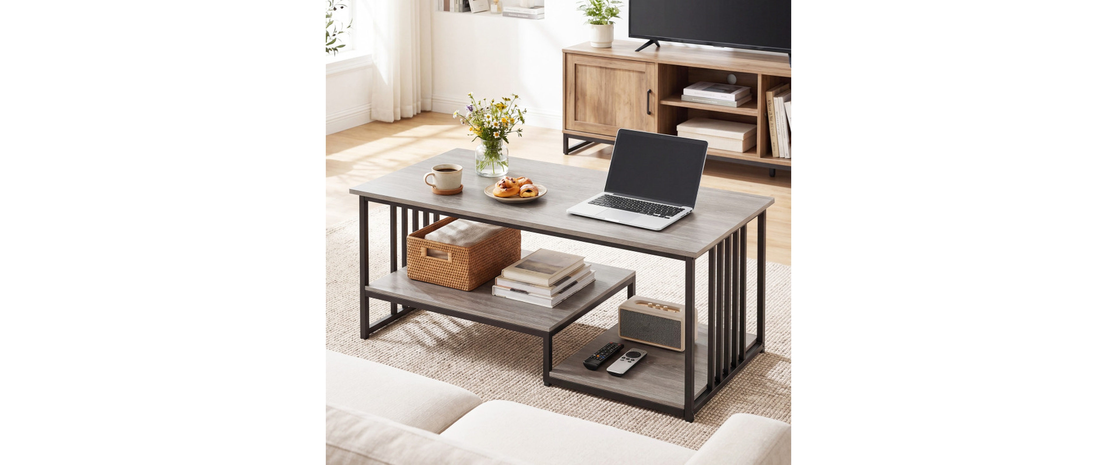 Sugift 43.5 Inch Industrial Coffee Table with 2-Tier Open Storage Shelf