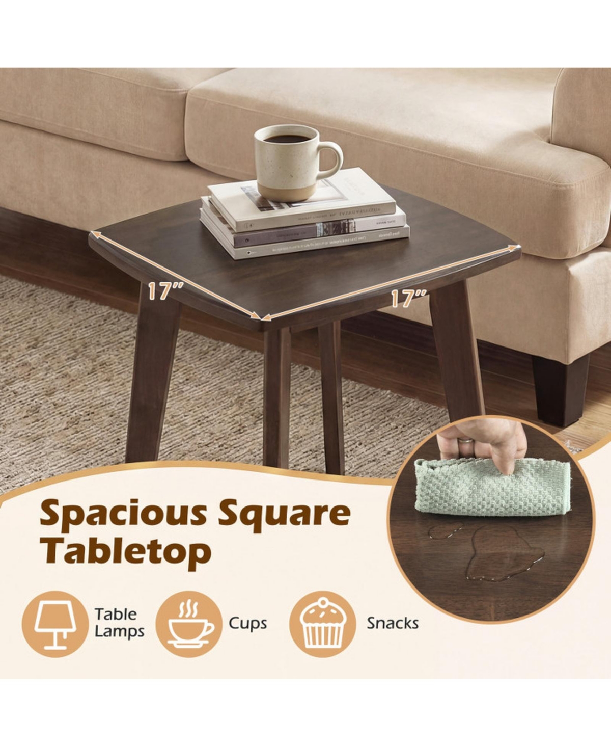 Sugift Solid Rubber Wood Square End Table with Thickened Curved Edge Tabletop