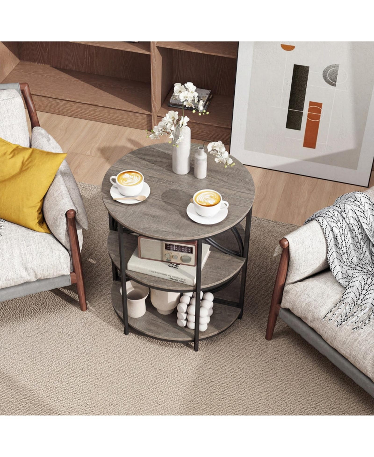 Sugift Narrow Side Table Set of 2 Semi Circular 3-Tier Tables with Heavy Duty Metal Frame
