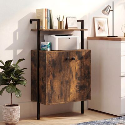 Wall Mount Bookshelf with 2-Door Storage Cabinet and 2-Tier Open Shelving