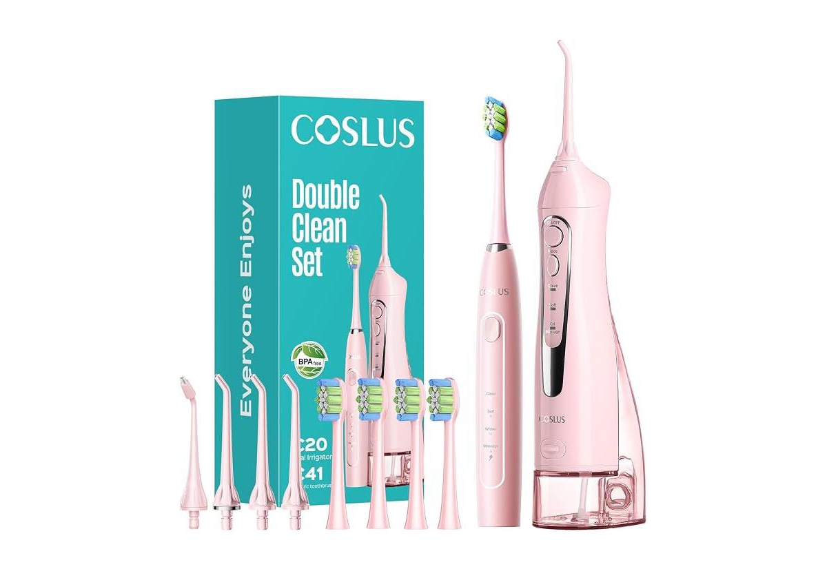 Coslus C20 and C41: 2-in-1 Portable Water Flosser and Electric Toothbrush. For teeth, braces, gums, Bpa-free - Pink
