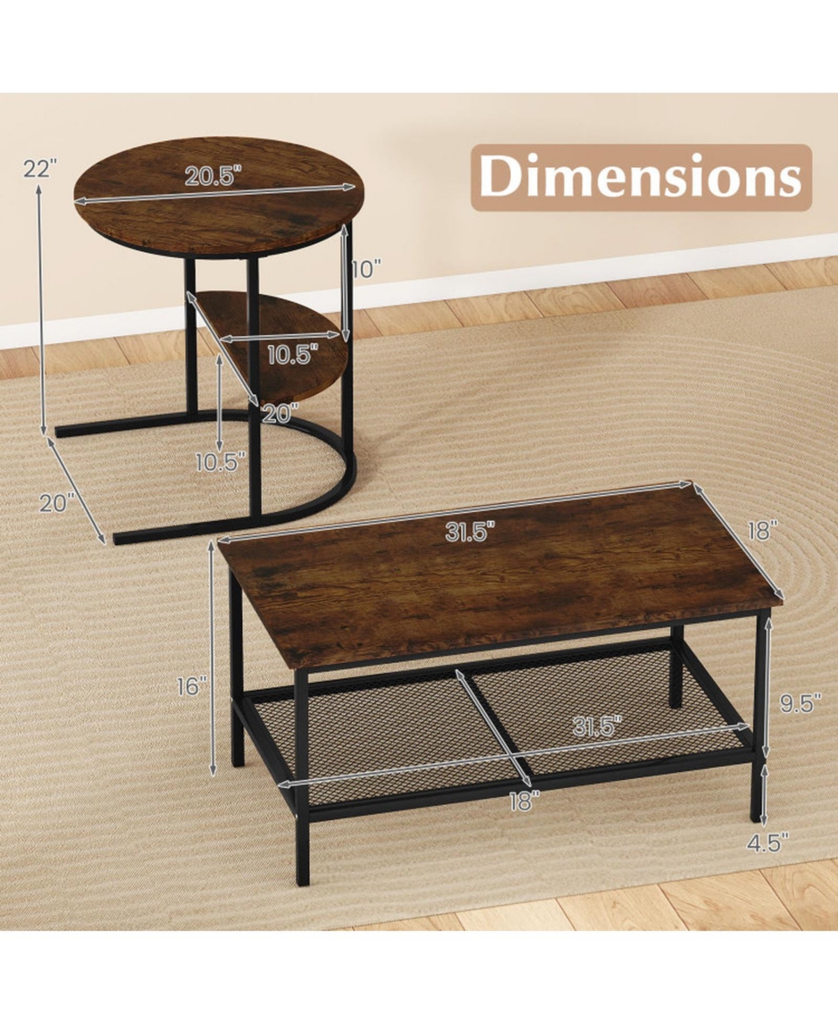 Sugift Industrial 2-Piece Faux Marble Coffee Table and End Table Set with Storage Shelves