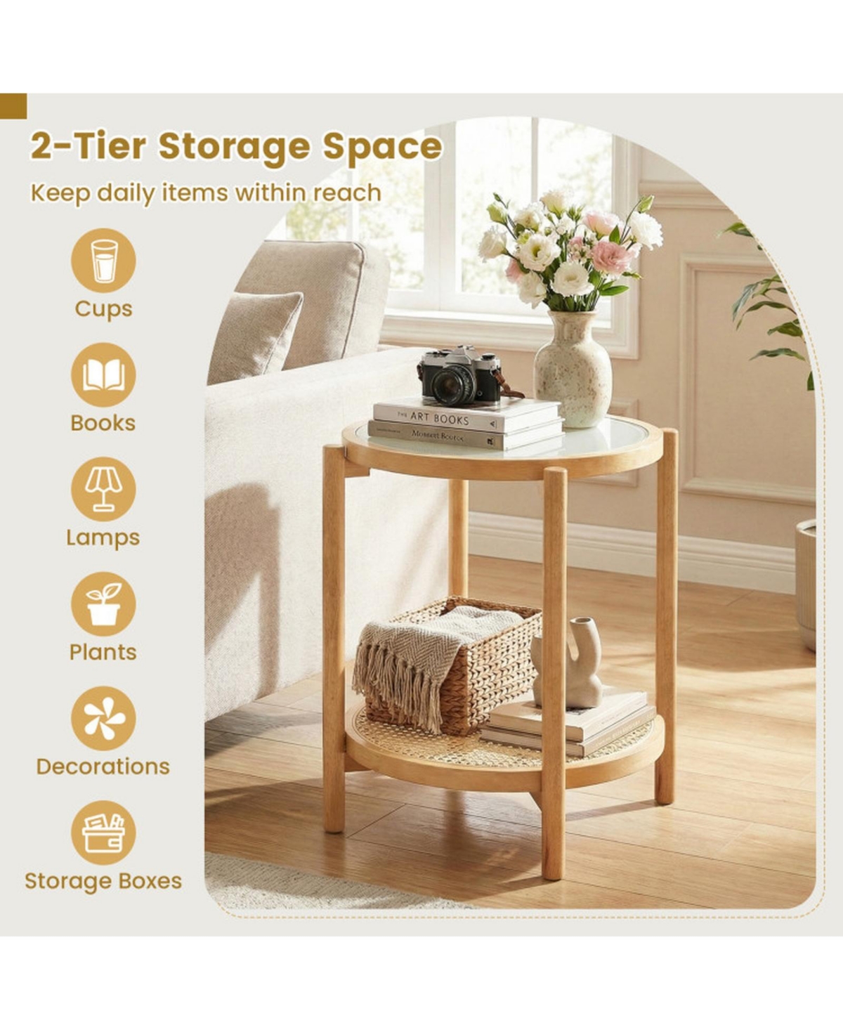 Sugift 2-Tier Round Boho End Table with Tempered Glass Top and Woven Shelf