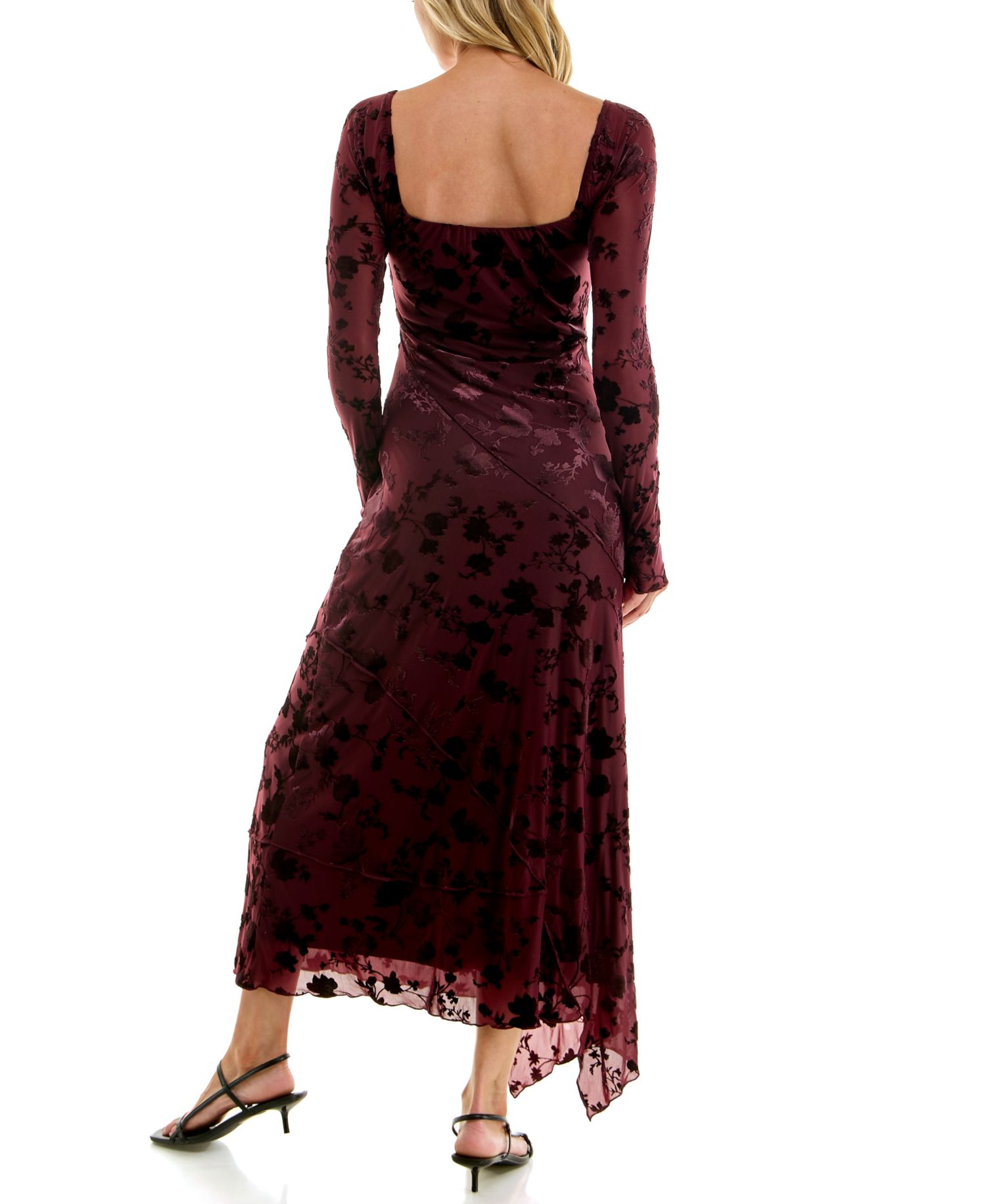 Juniors' Long-Sleeve V-Neck Velvet-Burnout Midi Dress