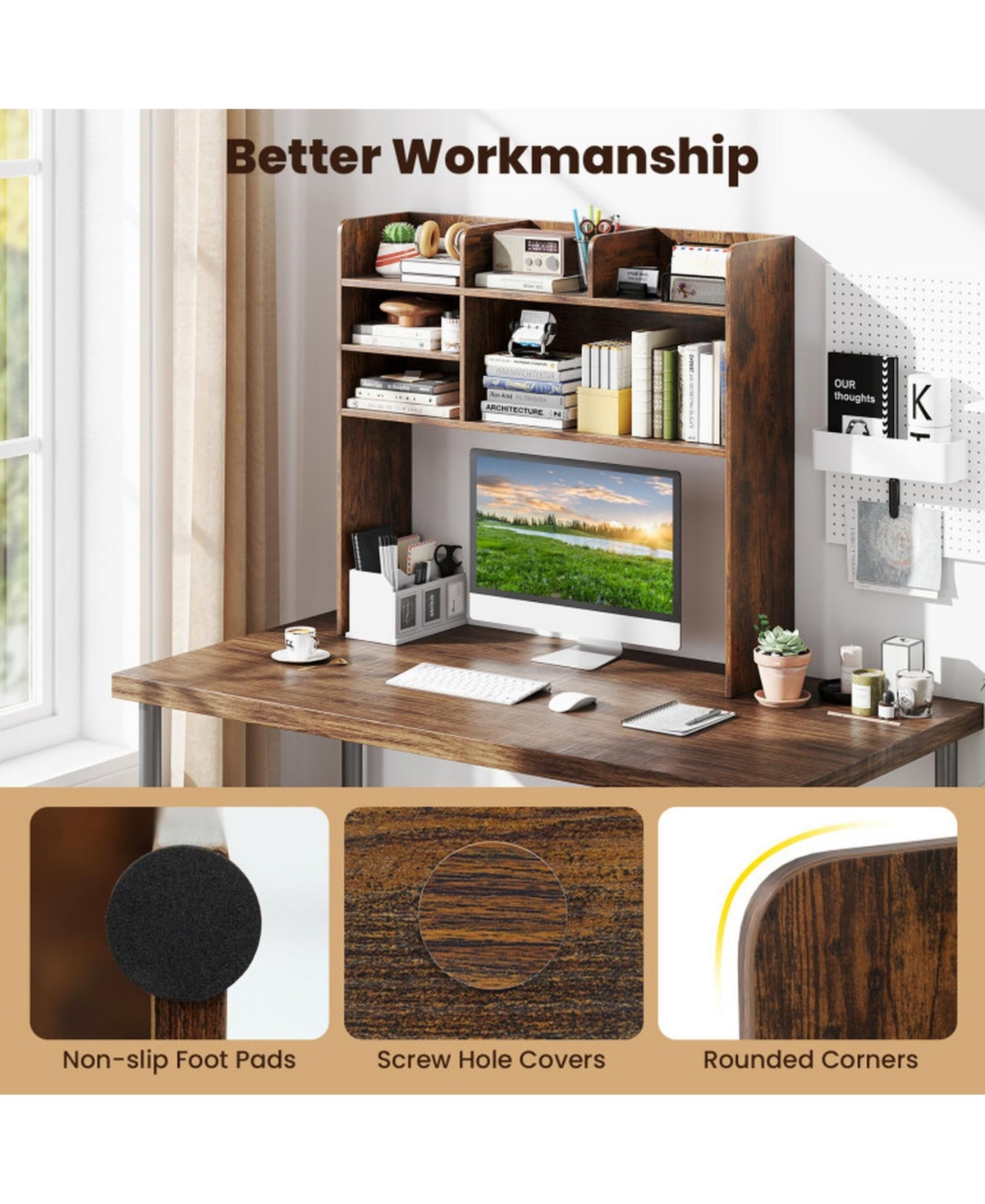 Sugift Desktop Bookshelf Countertop Storage Hutch with 6 Shelves Fits Monitors up to 32 Inches