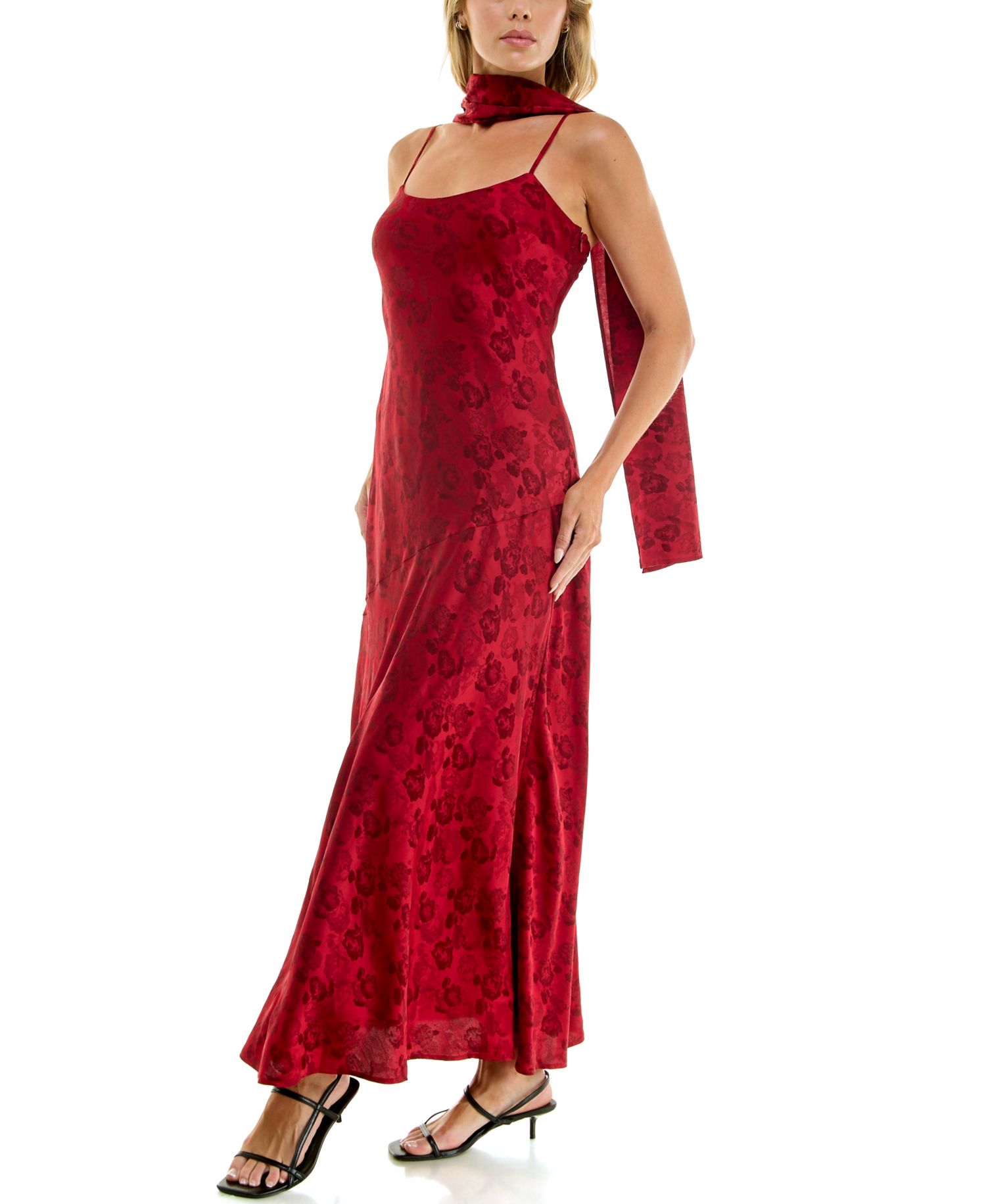 Juniors' Sleeveless Floral Slim Jacquard-Satin Maxi Dress with Matching Scarf