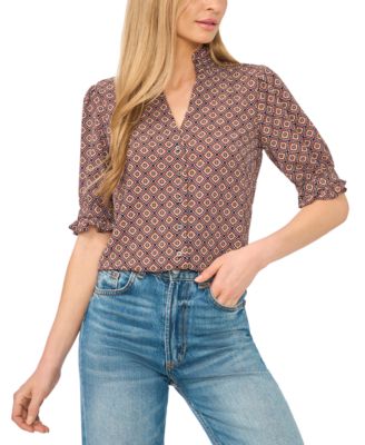 Women's Ruffle V-Neck Elbow-Length Blouse