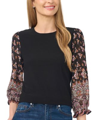 Women's Mixed Media Crew Neck Long-Sleeve Puff-Sleeve Blouse