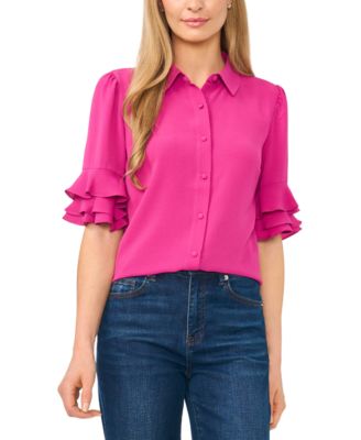Women's Button-Front Ruffled 3/4-Sleeve  Blouse